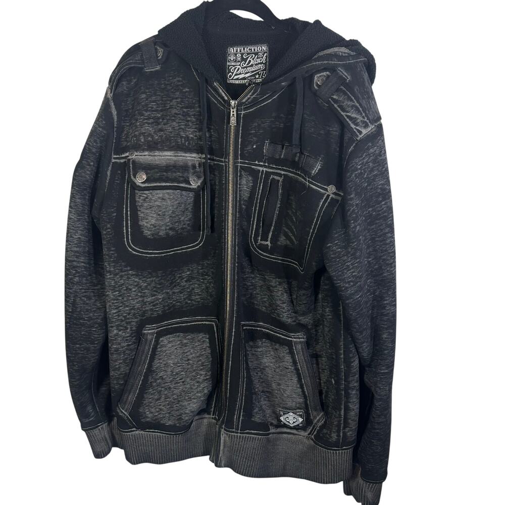 Affliction Black Premium Mens XL Sherpa Lined Full Zip Hoodie Distressed Moto